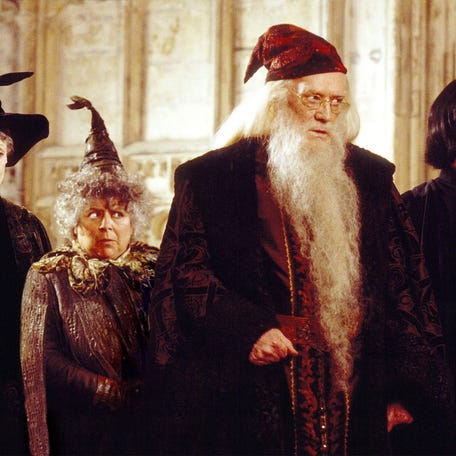 Professor McGonagall (Maggie Smith), Professor Sprout (Miriam Margolyes), Professor Dumbeldore (Richard Harris) and Professor Snape (Alan Rickman) in "Harry Potter and the Chamber of Secrets." Warner Bros. (courtesy)