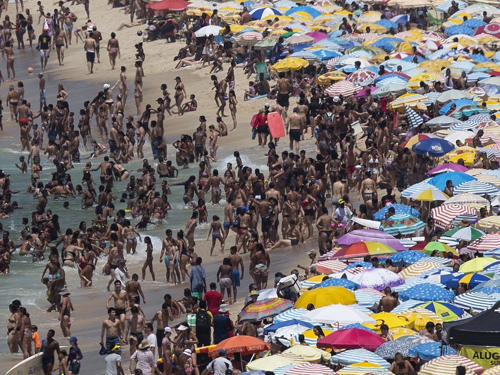 People crowd Ipanema beach as temperatures rise to 95 degrees fahrenheit in Rio de Janeiro, RJ, Brazil.