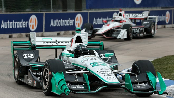 Simon Pagenaud exits a turn during Saturday's Dual 1 on Belle Isle.