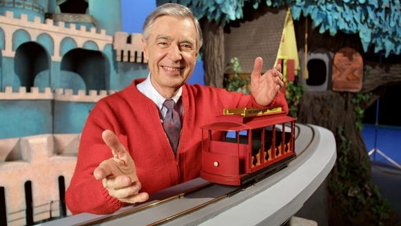 Fred (Mr.) Rogers on the set of 'Mr. Rogers Neighborhood.