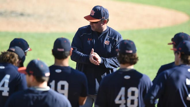 Auburn head coach Butch Thompson leading a preseason practice on Jan. 30. Thompson's pitching staff gave up 31 runs in a weekend series against No. 3 Texas A&M.