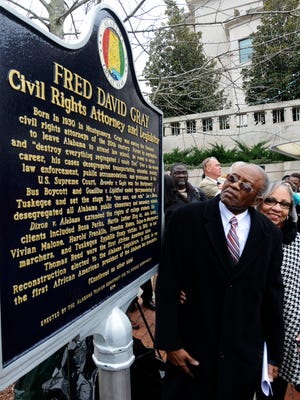 Fred Gray looks on during the unveiling of a historical marker honoring civil rights attorney Fred Gray on Dexter Avenue in Montgomery, Ala. on  Wednesday February 4, 2015.