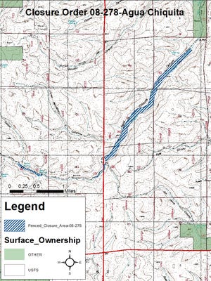 Agua Chiquita Map of one of the closed areas in the Lincoln National Forest.