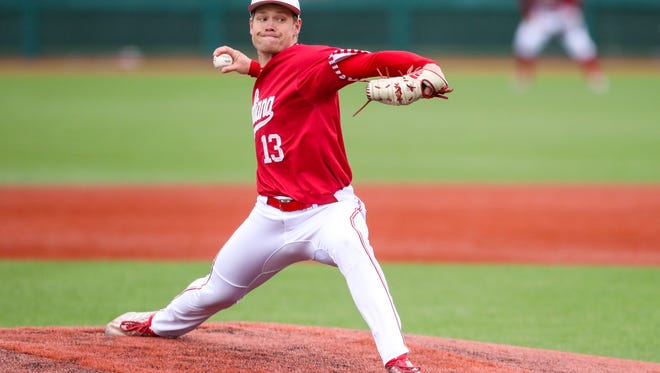 Indiana University pitcher Cal Krueger fires a pitch against the Purdue Boilermakers.