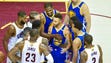 Stephen Curry and Iman Shumpert exchange words during