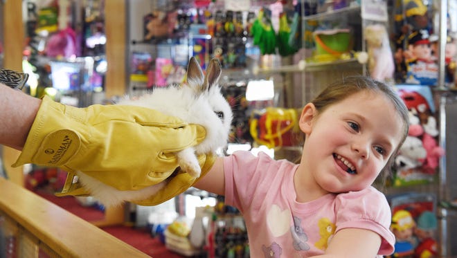 Cynthia Phillips Strinich, co-owner of Phillips Toy Mart, holds a bunny as Ella Brackman, 4, pets it at the store in Nashville.