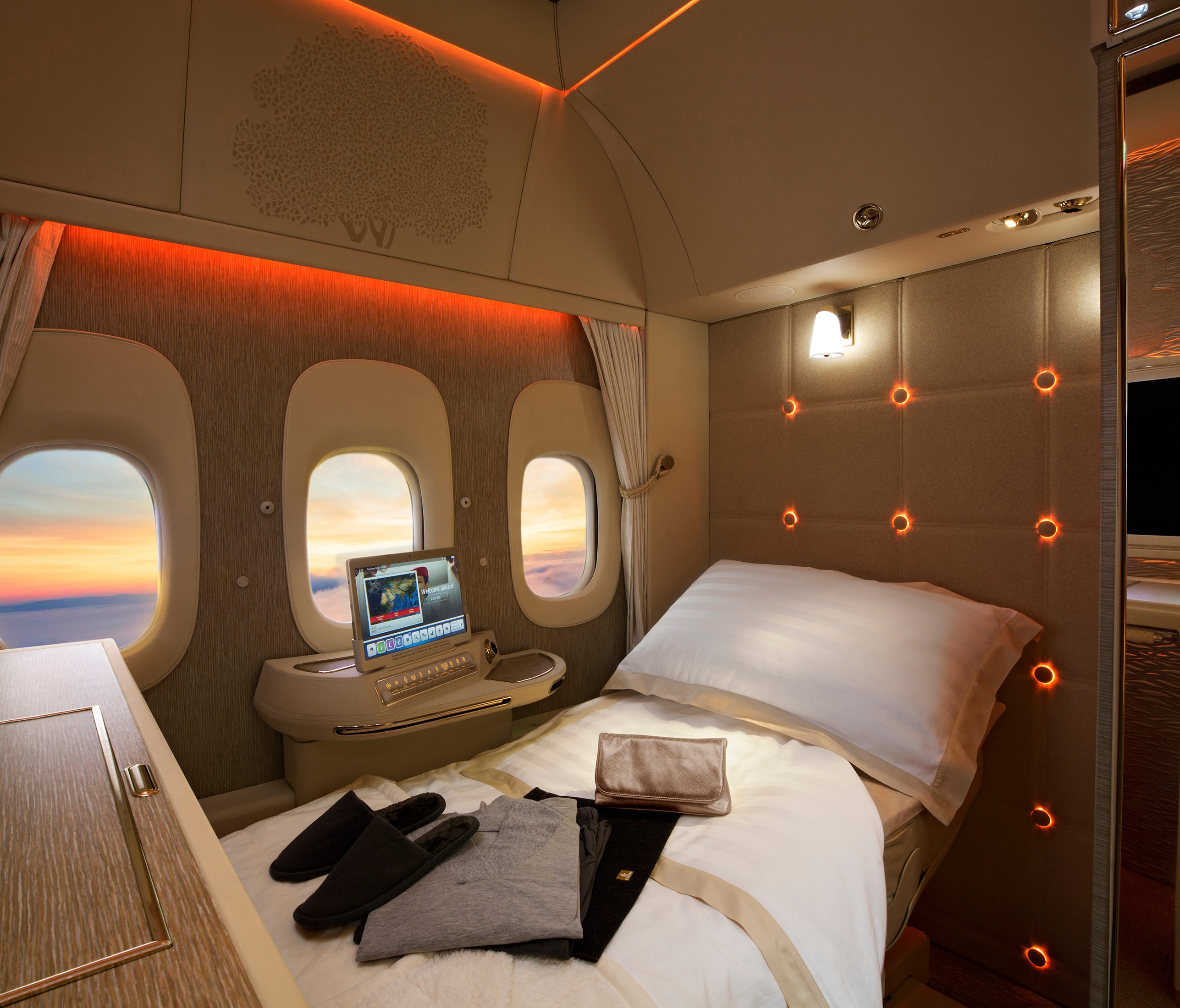 This staged photo, provided by Emirates, shows its new first-class 'suite' that will be offered on the carrier's Boeing 777 aircraft.