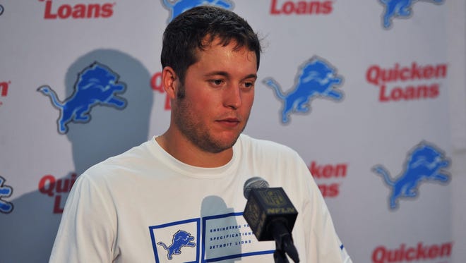 Detroit Lions quarterback Matthew Stafford addresses the media after a game against the San Diego Chargers.