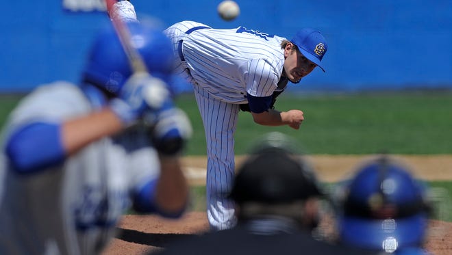 SDSU's #31 Adam Bray pitches against Fort Wayne at Erv Huether Field in Brookings, S.D., Sunday, May 12, 2013.(Emily Spartz/ Argus Leader)