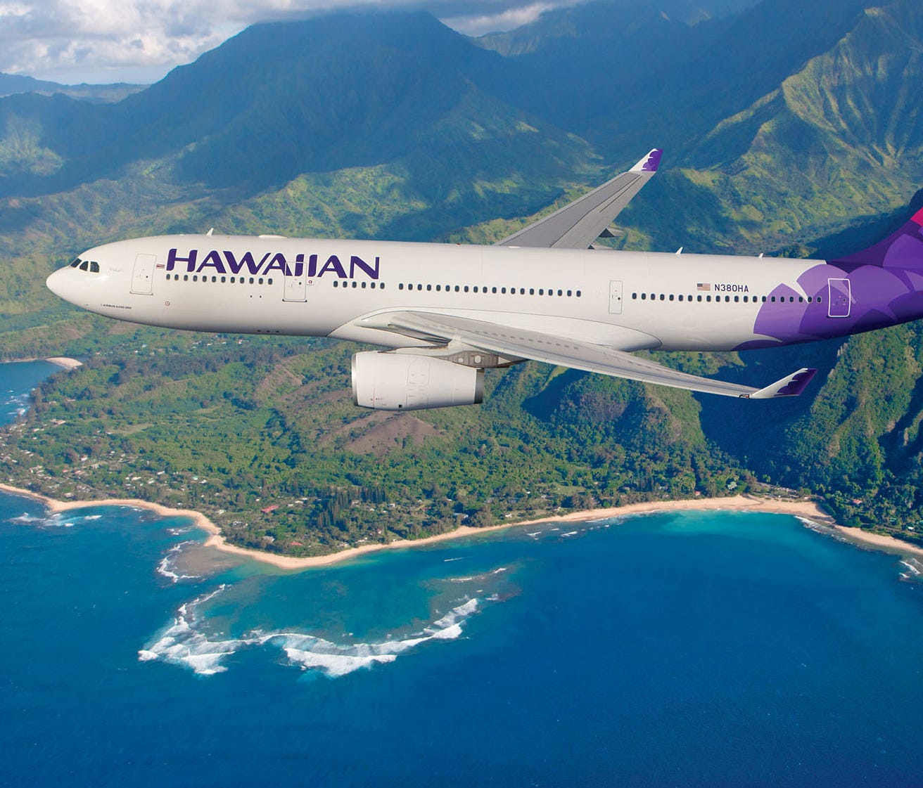 A 2011 photo from Hawaiian Airlines shows a plane above Hawaii.