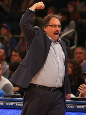 Detroit Pistons coach Stan Van Gundy reacts during a game against the New York Knicks at Madison Square Garden.