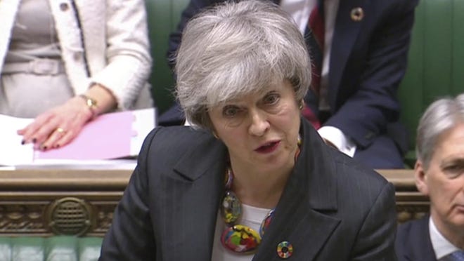 In this image taken from video, Britain's Prime Minister Theresa May gives a statement about progress on Brexit talks to members of parliament in the the House of Commons, London, Feb. 12, 2019.
