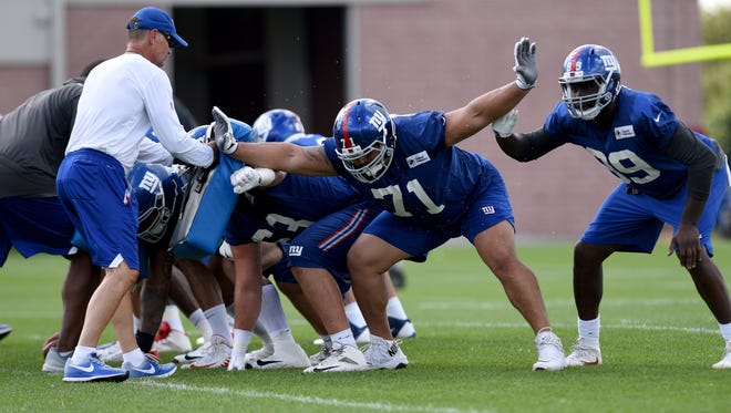 NY Giants Will Hernandez #71 runs drills during the first full day of of training camp at Quest Diagnostics Training Center located on the MetLife Sports Complex on July 26, 2018.