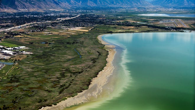 This Thursday, July 14, 2016 photo shows discolored water caused by an algae bloom near the Lindon Marina in Utah Lake in Lindon, Utah. Utah County health officials said at least eight people have fallen ill after interactions in Utah Lake, which has a potentially toxic algae bloom.