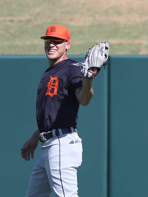 Detroit Tigers outfielder Jacoby Jones goes through drills during spring training Monday, Feb. 20, 2017, in Lakeland, Fla.