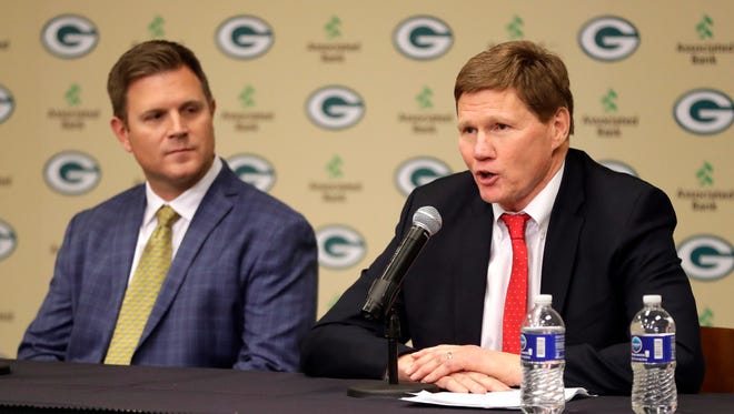 Green Bay Packers President and CEO Mark Murphy addresses media after hiring Brian Gutekunst as general manager for the organization on Jan. 8, 2018 at Lambeau Field.