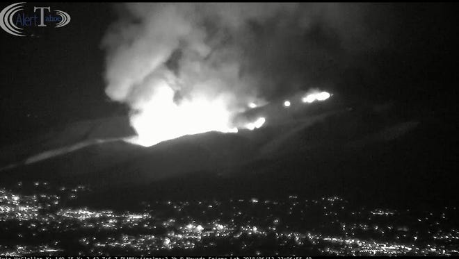 A view of the Voltaire Fire spreading in a canyon above Carson City Tuesday night.