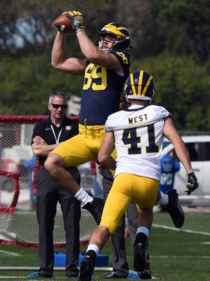 University of  Michigan NCAA college football player Ian Bunting leaps for a catch with Ryan Tice (41) during a workout at IMG Academy in Bradenton, Fla., Monday, Feb. 29, 2016. (Tiffany Tompkins/Bradenton Herald via AP)  SARASOTA HERALD-TRIBUNE OUT; TAMPA TRIBUNE OUT; MANDATORY CREDIT