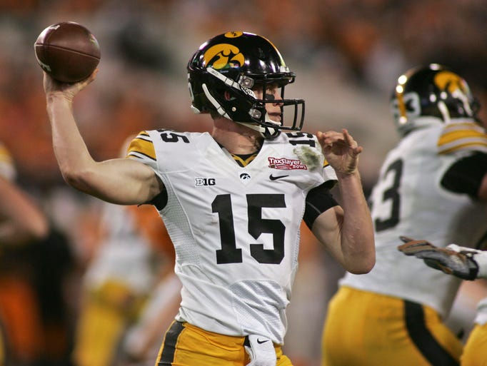 Iowa quarterback Jake Rudock (15) throws in the fourth