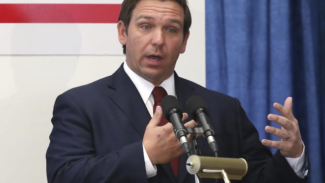 TALLAHASSEE -- Gov. Ron DeSantis, shown here during a pre-legislative news conference, was in Naples earlier this month discussing a civics test for Florida high school students.
