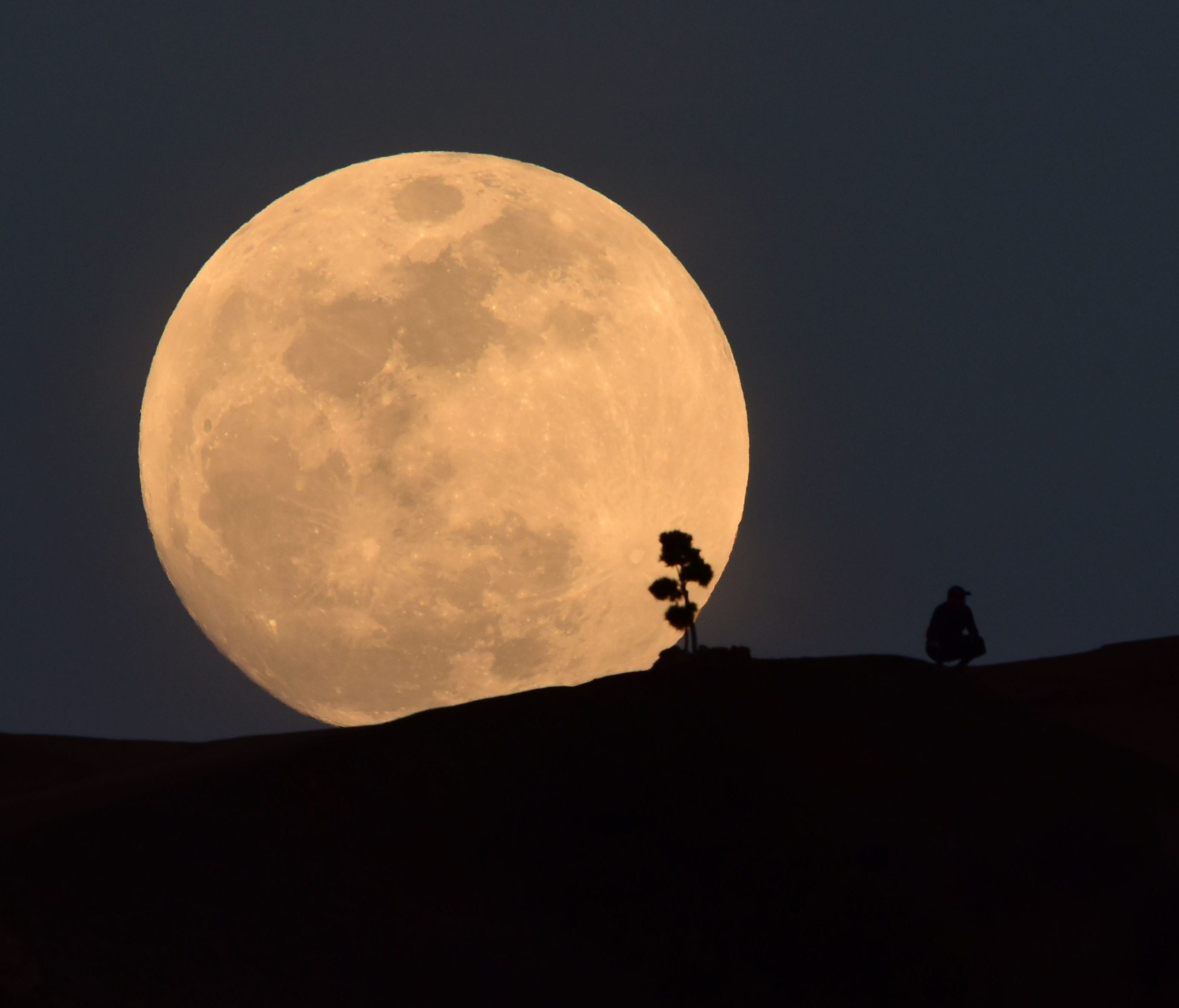 TOPSHOT - A person poses for a photo as the moon rises over Griffith Park in Los Angeles, California, on January 30, 2018.  Many parts of the globe may catch a glimpse on january 31 of a giant crimson moon, thanks to a rare lunar trifecta that combine