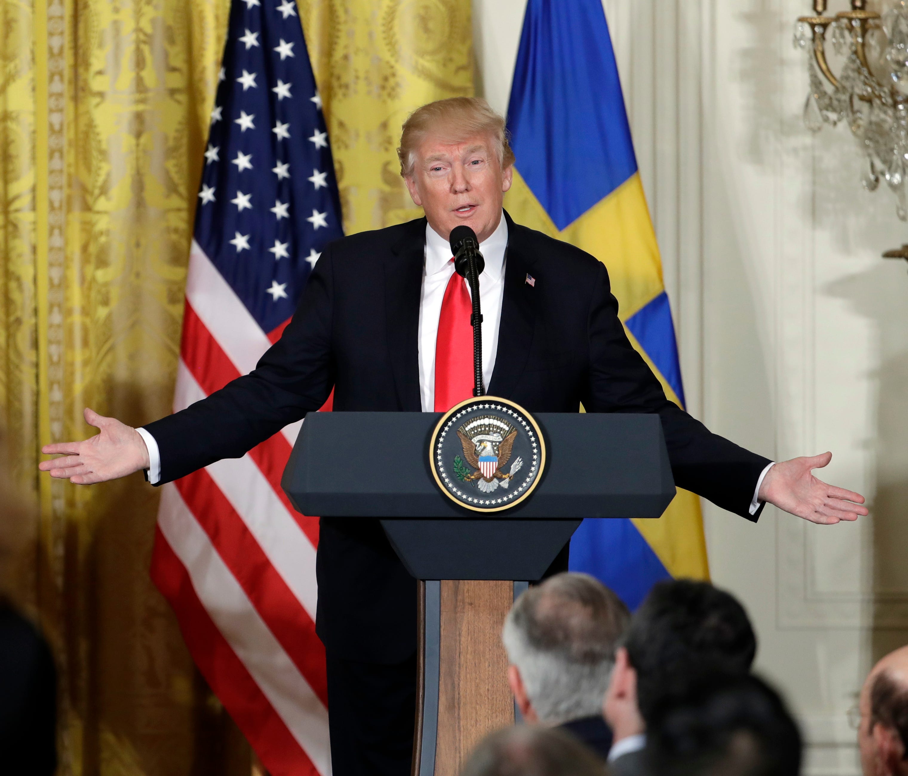 President Trump speaks during a news conference with Swedish Prime Minister Stefan Lofven in the East Room of the White House Tuesday.