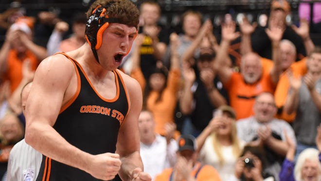 Oregon State's Cody Crawford wins his match during the Pac-12 wrestling championships on Sunday, March 1, 2015, at Gill Coliseum in Corvallis.
