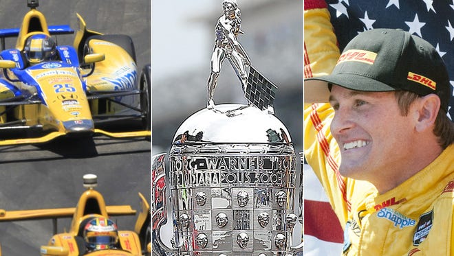 The Indianapolis 500 is Sunday, May 24. Drivers are competing for a spot on the Borg-Warner Trophy (center). Ryan Hunter-Reay (right) won last year's race