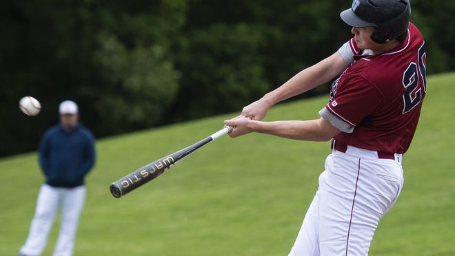 Jack Choate, pictured smashing a homer during a game against Nashoba on May 29, 2019, helped Northborough win a summer baseball game on Tuesday.