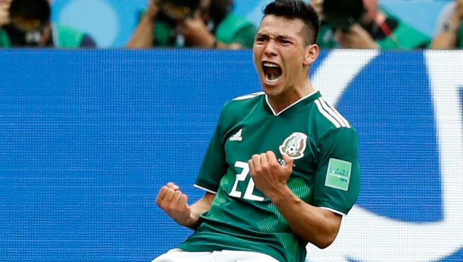 Mexico's Hirving Lozano, celebrates scoring his side's lone goal during the Group F match against Germany at the World Cup in Luzhniki Stadium in Moscow, Russia on Sunday.
