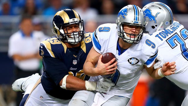 Rams defensive tackle Aaron Donald sacks Lions quarterback Matthew Stafford in the fourth quarter Sunday in St. Louis.
