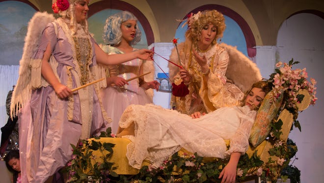 
Jamie DeMaio (left) plays Bewilda the ditsy fairy. Gaea Lawson plays wisecracking little sis Belittle (center). Danielle Alura plays the glam fairy godmother Bedazzle, in pink. Karalyn Joseph plays Aurora, the Sleeping Beauty. 
