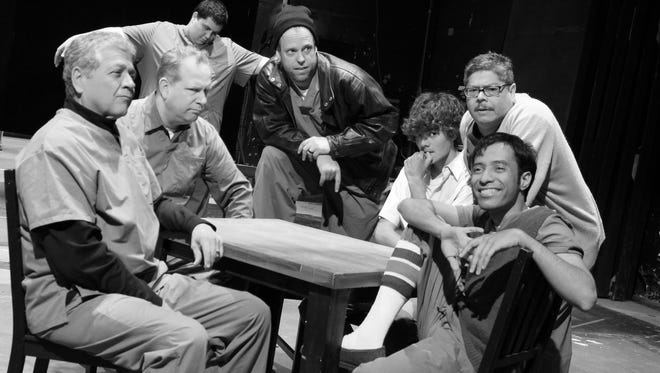From left, William Hubbard, John Eslick, Noah Terry, Michael Worden, Benjamin Wilson, Kelly Green and Jason Ravi Carpenter star in Conejo Players Theatre's production of "One Flew Over the Cuckoo's Nest," on stage in Thousand Oaks through June 9.