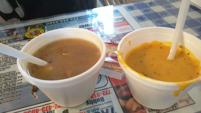 Marina Cafe's cups of northern bean soup and a creamy Wisconsin cheese soup.