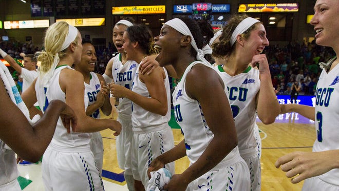 FGCU's Kaneisha Atwater screams with excitement after the final score of the Lady Eagles vs Hofstra University matchup Monday evening.  The Eagles won 61-46 to move on to the final four in the Women's NIT. The next game will be at Alico Arena on Thursday 3/31/16.