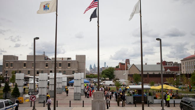 A pop-up park at Roosevelt Plaza Park is seen after the official unveiling of the space, Monday, September 8, 2014 in Camden.