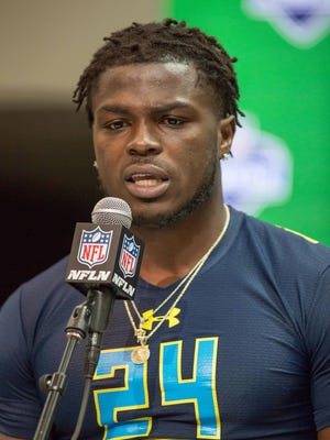 Michigan linebacker Jabrill Peppers speaks to the media during the 2017 combine at Indiana Convention Center in Indianapolis on March 4.