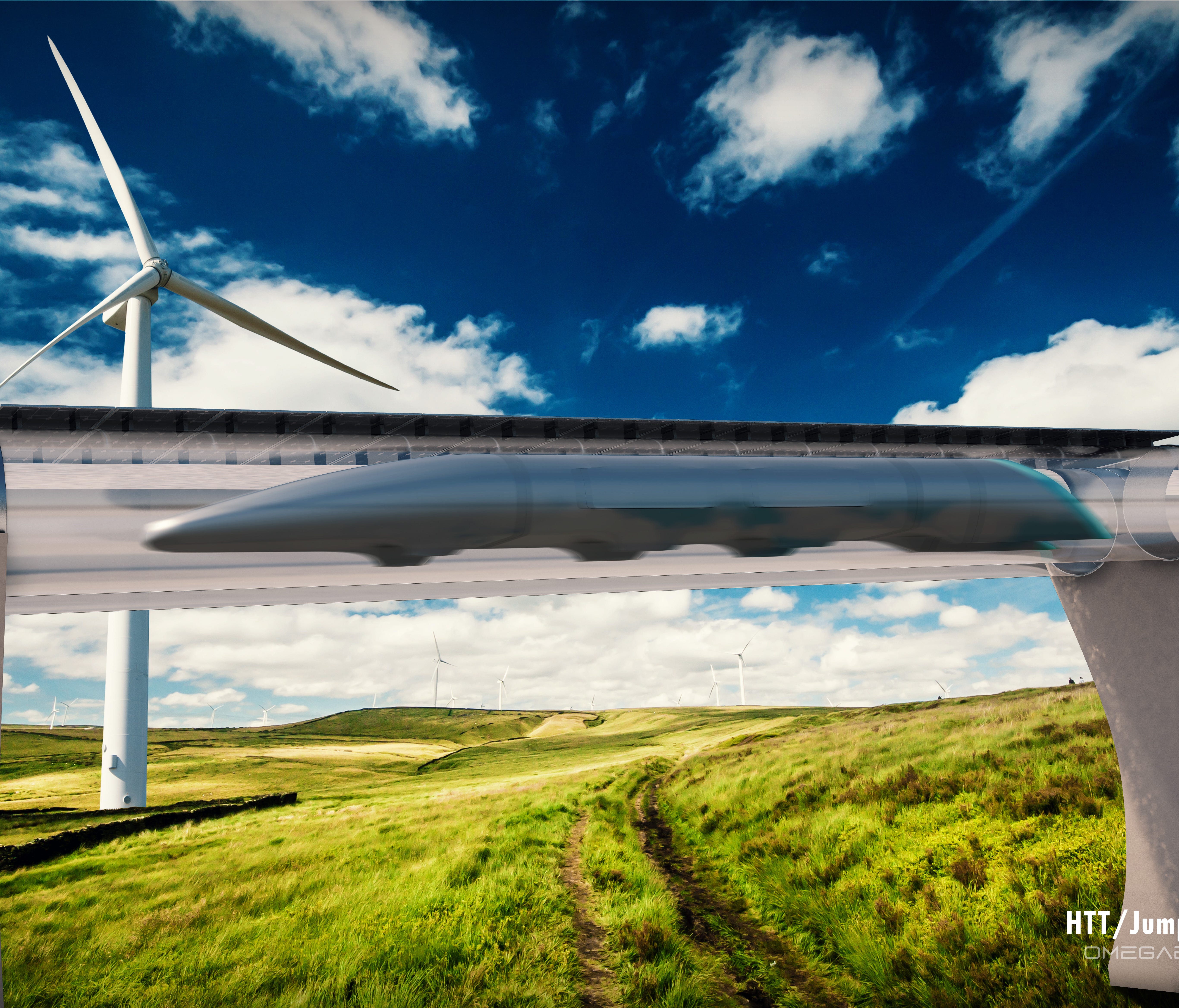 A sketch showing what HTT's hyperloop system could look like zipping through the countryside.