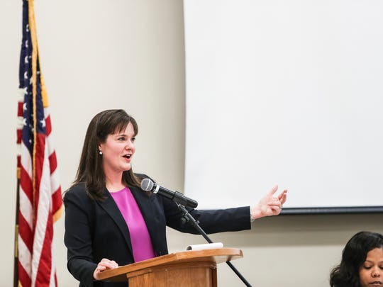 Tennessee Education Commissioner Candice McQueen speaks during the Memphis Shelby County Education Association's spring education forum April 14.