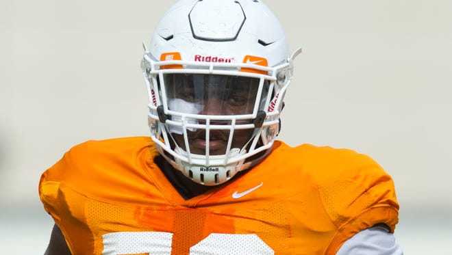 Tennessee offensive lineman Trey Smith (73) participates in a drill during a University of Tennessee practice at Anderson Training Facility Tuesday, Oct. 10, 2017.