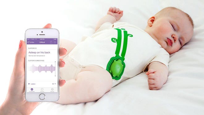 The Mimo Baby is a small turtle-shaped gadget you connect to your baby’s onesie and it sends information to a parent’s (or babysitter’s) phone or tablet.