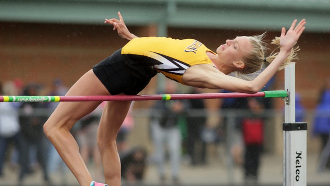 Watkins Memorial senior Lindsey Finnegan competes in the high jump May 24 during the Division I regional meet at Pickerington North.