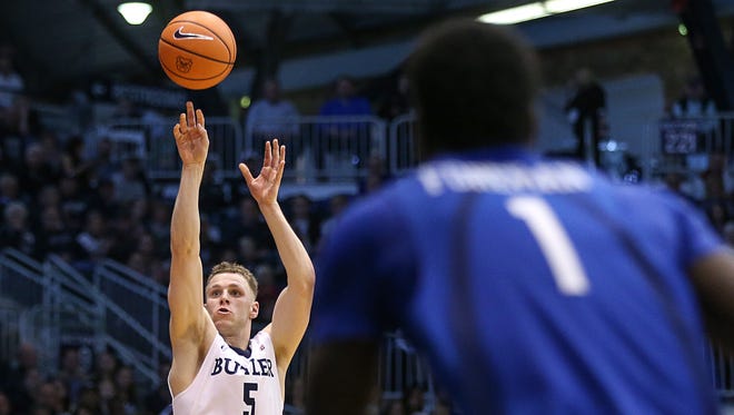 Butler Bulldogs guard Paul Jorgensen (5) shoots during first half action between the Butler Bulldogs and the Saint Louis Billikens at Hinkle Fieldhouse, Indianapolis, Saturday, Dec. 2, 2017. Butler crushed Saint Louis, 75-45.