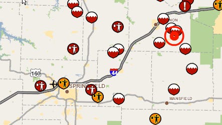 A map of closed roads around the Ozarks