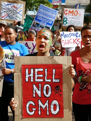 An activist carries a poster during a protest against chemical giant Monsanto in Durban on May 24, 2014.