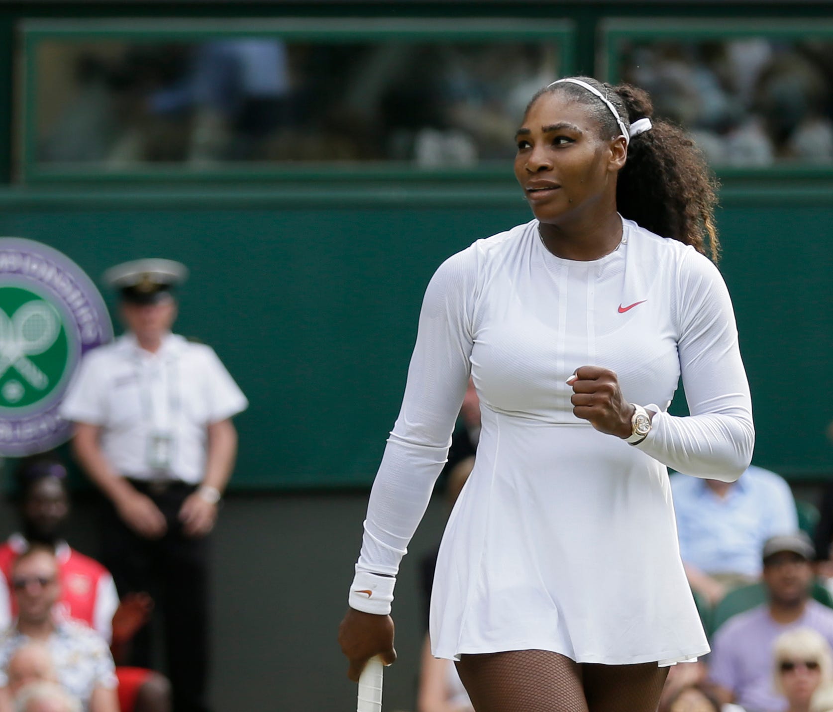 Serena Williams of the United States celebrates winning her women's singles match against Russia's Evgeniya Rodina during the Wimbledon Tennis Championships, in London on July 9.