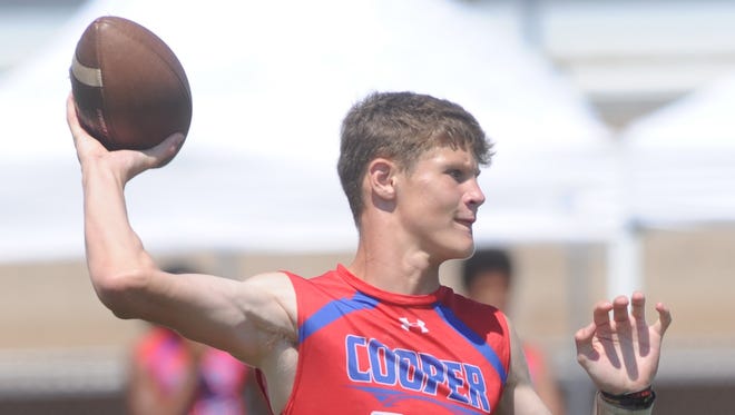 Cooper quarterback Aidan Thompson throws a pass against Copperas Cove during pool play at the Abilene 7-on-7 Division I State Qualifying Tournament on Friday at McMurry's Wilford Moore Stadium. Cooper won the game 34-33 in overtime.