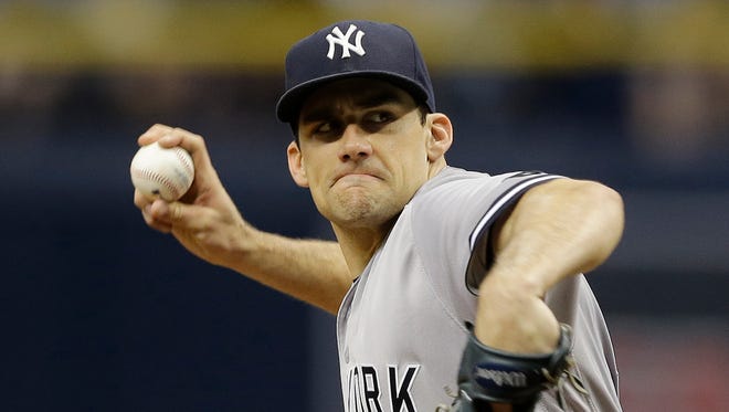 New York Yankees starting pitcher Nathan Eovaldi delves to the Tampa Bay Rays during the first inning of a baseball game Sunday, May 29, 2016, in St. Petersburg, Fla.