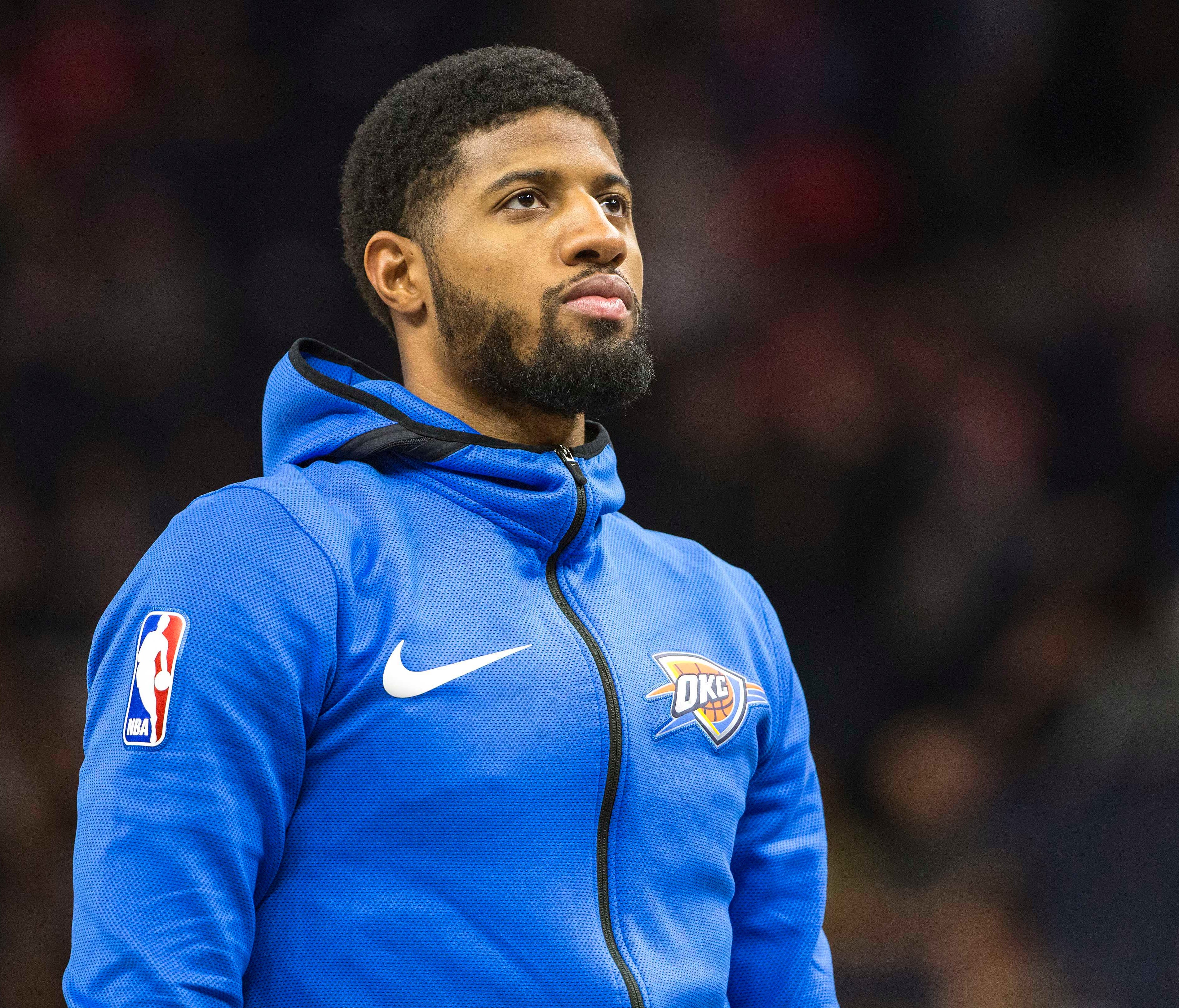 Oklahoma City Thunder forward Paul George (13) looks on before the game against the Minnesota Timberwolves at Target Center.