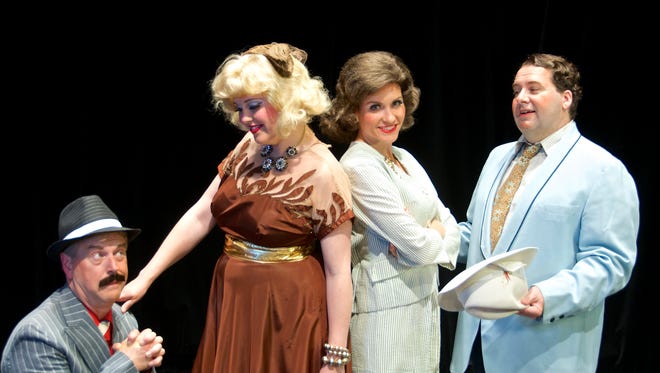 The Summer Music Theatre’s performance of “Guys and Dolls” features gambling men (Nathan Detroit played by Parker Drew, left, and Sky Masterson played by Chad Lemerande, right) mixing with strong-willed women (Miss Adelaide played by Sallie Petty, left, and Sarah Brown played by Cassidy Heim-Dittmer, right).